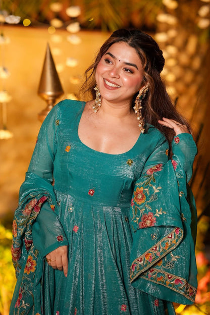 Gulzar Rama Teal Floral Embroidered Anarkali Suit Set