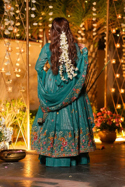 Gulzar Rama Teal Floral Embroidered Anarkali Suit Set