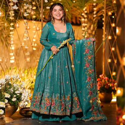 Gulzar Rama Teal Floral Embroidered Anarkali Suit Set
