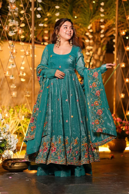 Gulzar Rama Teal Floral Embroidered Anarkali Suit Set