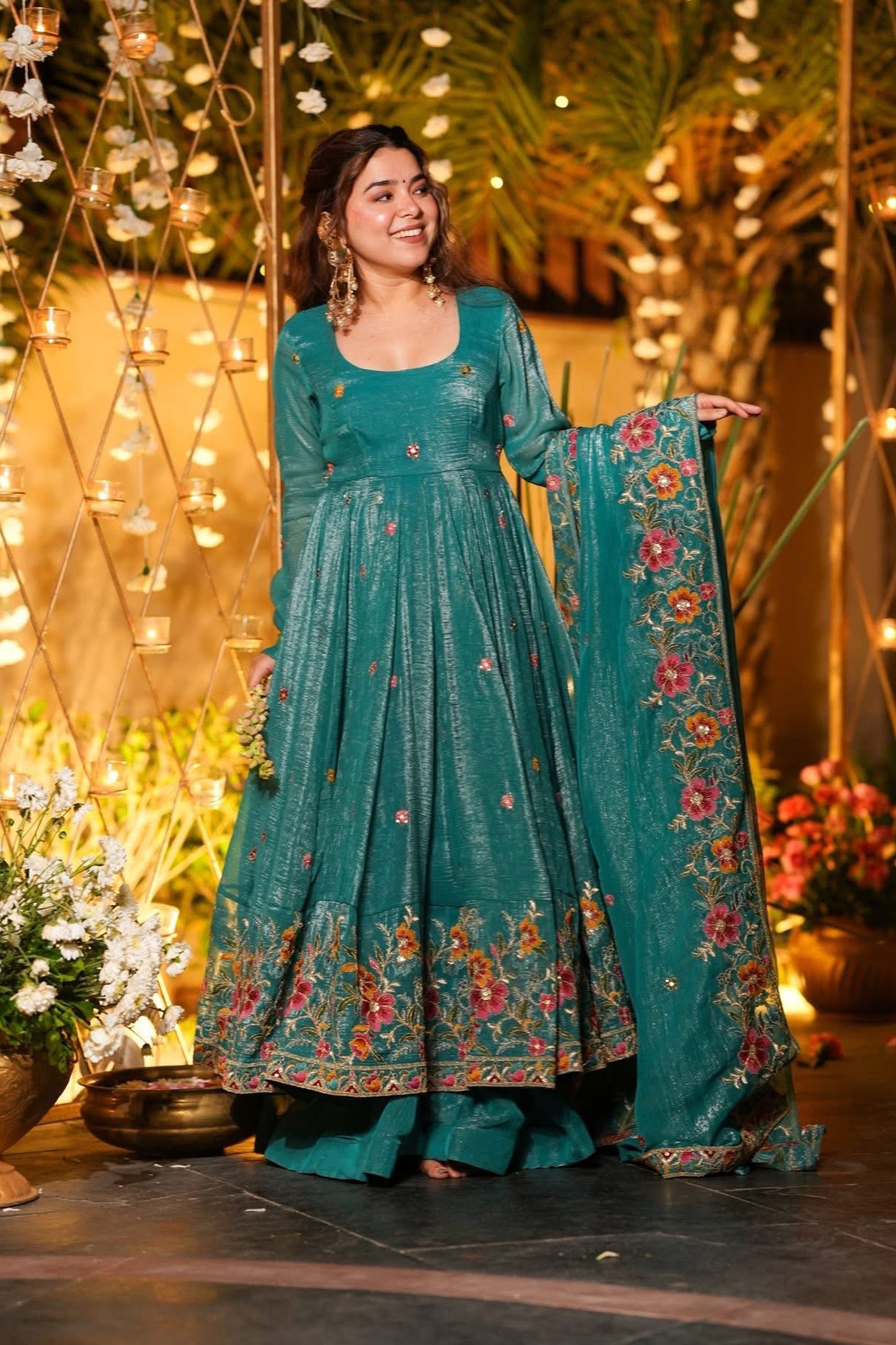 Gulzar Rama Teal Floral Embroidered Anarkali Suit Set
