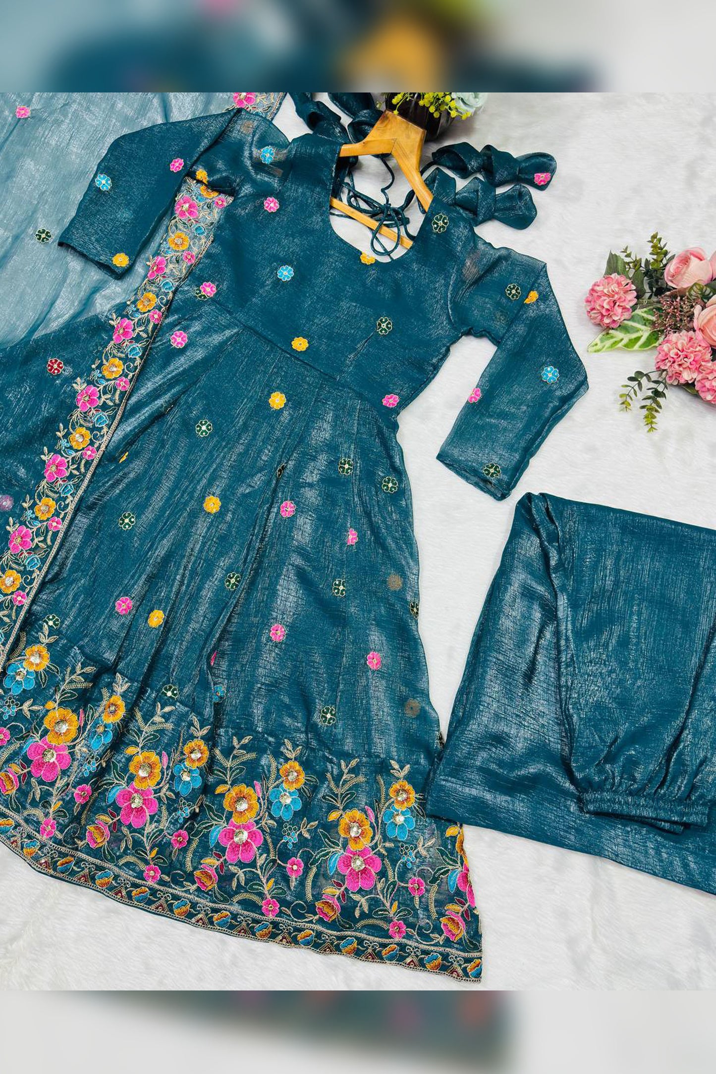 Gulzar Rama Teal Floral Embroidered Anarkali Suit Set