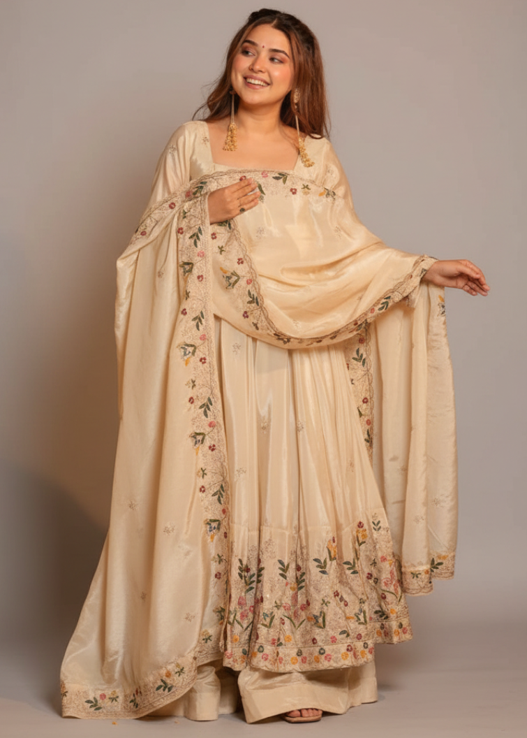 Off-White Heavy Silk Anarkali Suit Set
