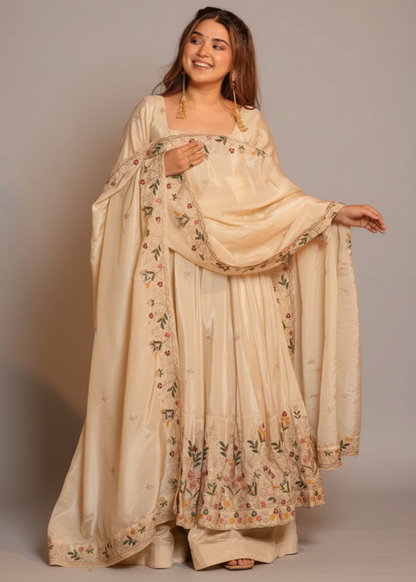 Off-White Heavy Silk Anarkali Suit Set