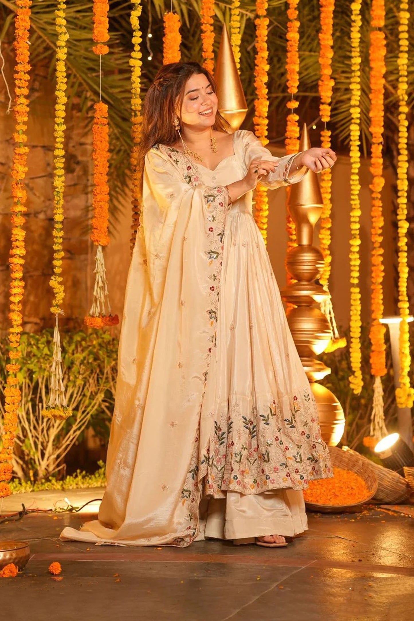Off-White Heavy Silk Anarkali Suit Set