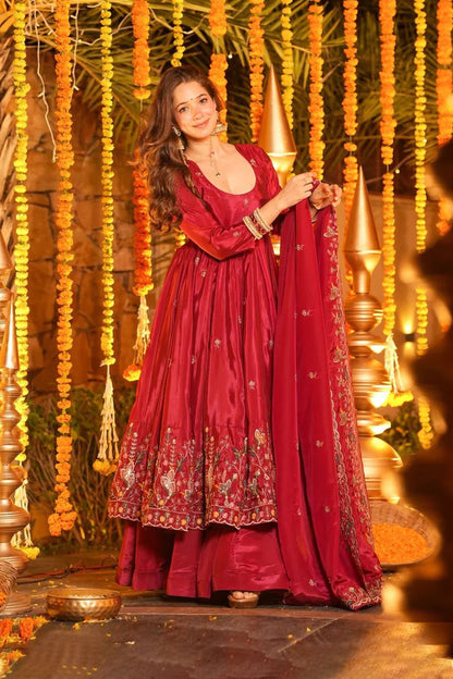 Wine Red Heavy Silk Anarkali Suit Set