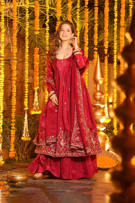 Wine Red Heavy Silk Anarkali Suit Set