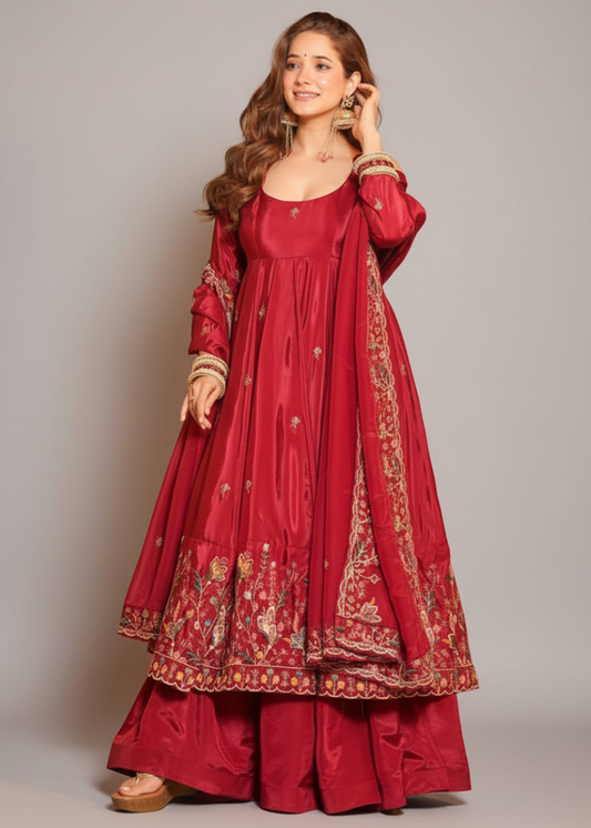 Wine Red Heavy Silk Anarkali Suit Set
