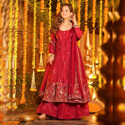 Wine Red Heavy Silk Anarkali Suit Set