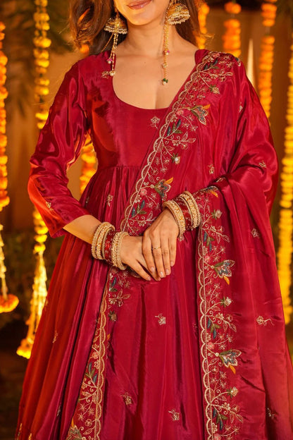 Wine Red Heavy Silk Anarkali Suit Set