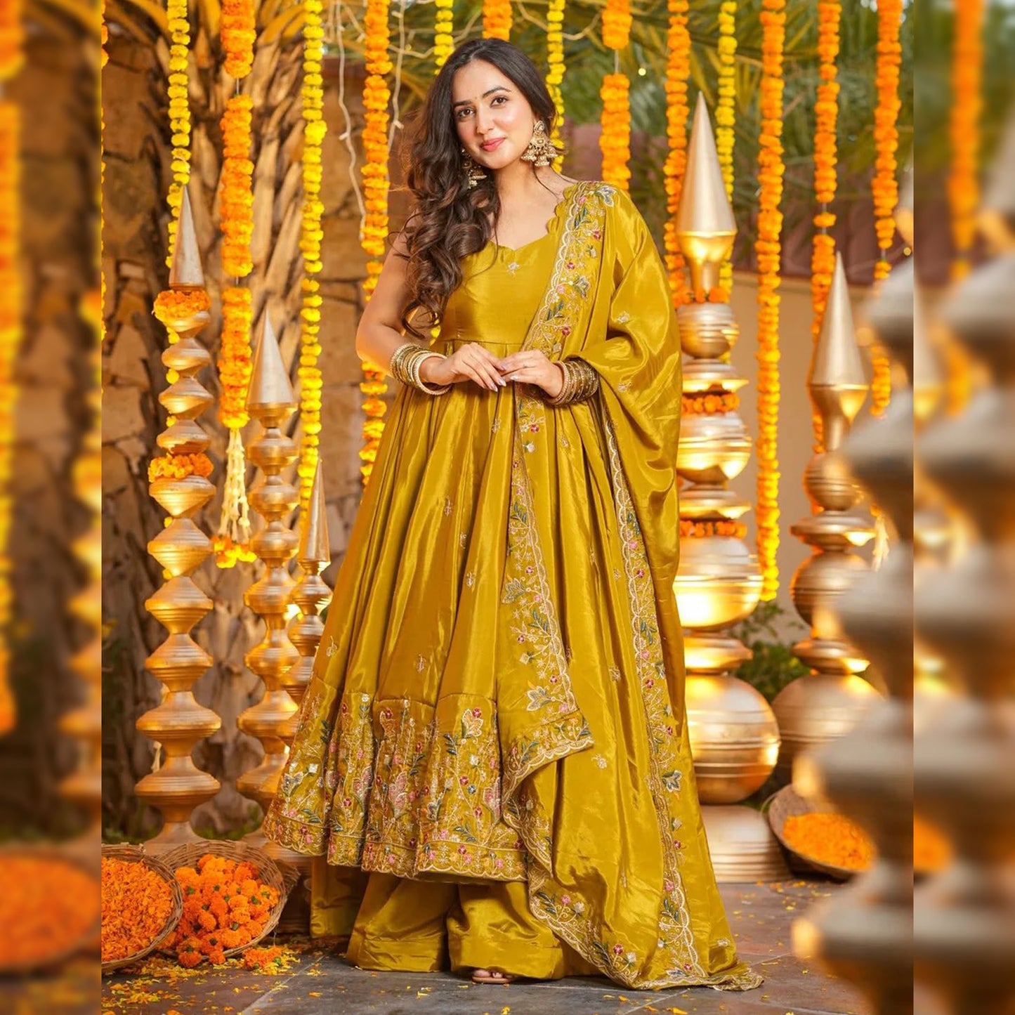 Mustard Yellow Heavy Silk Anarkali Suit Set