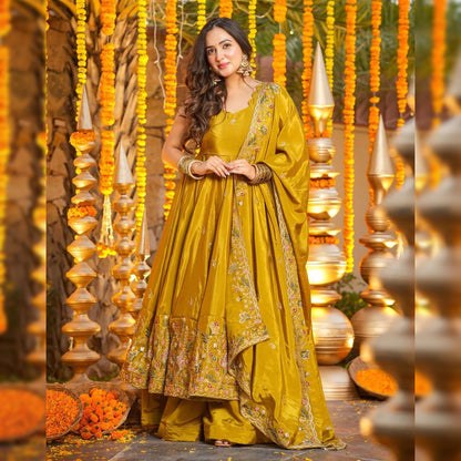 Mustard Yellow Heavy Silk Anarkali Suit Set