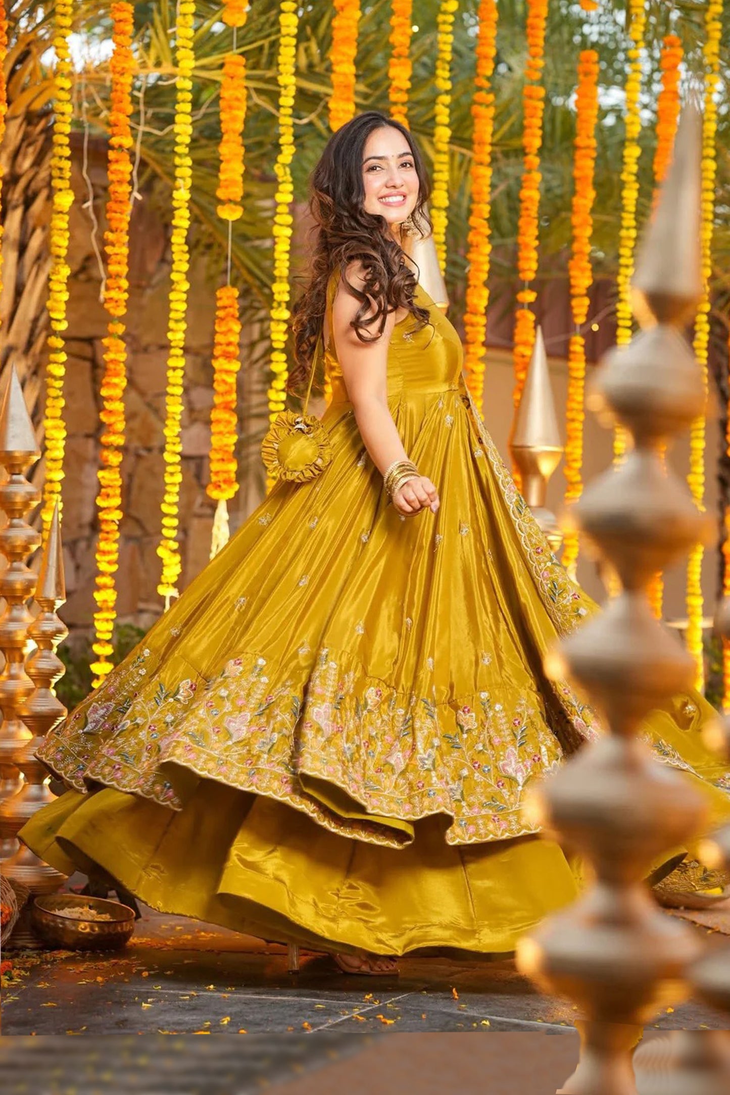 Mustard Yellow Heavy Silk Anarkali Suit Set