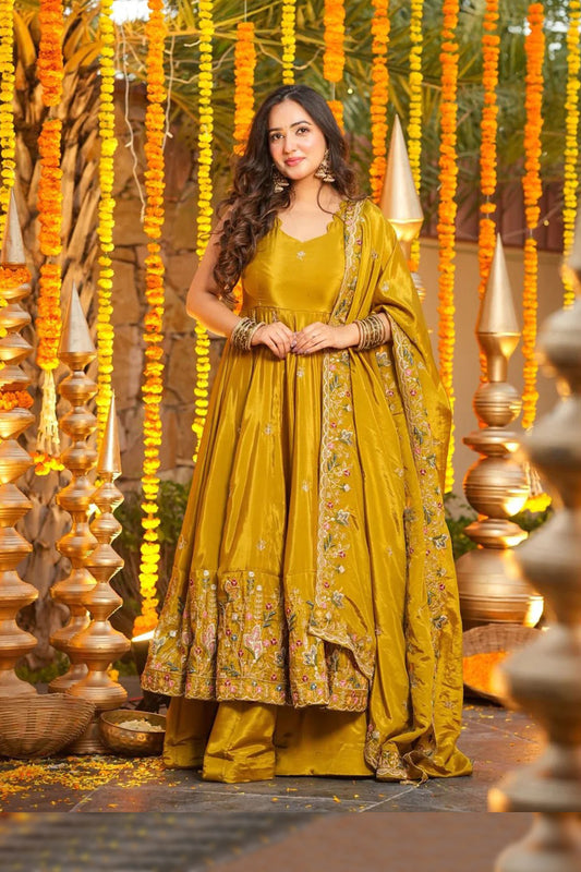 Mustard Yellow Heavy Silk Anarkali Suit Set