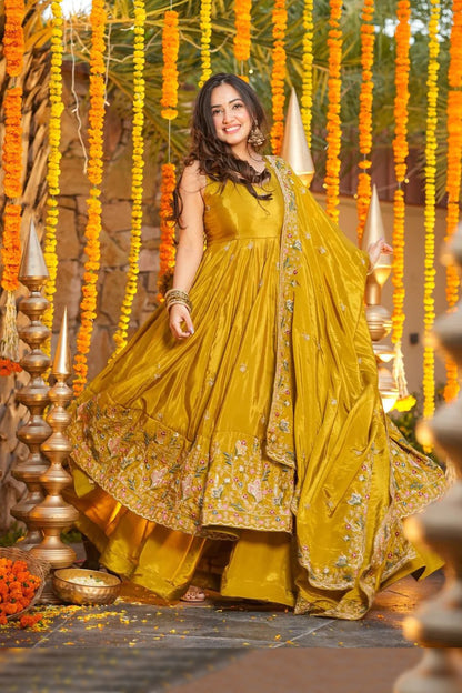 Mustard Yellow Heavy Silk Anarkali Suit Set