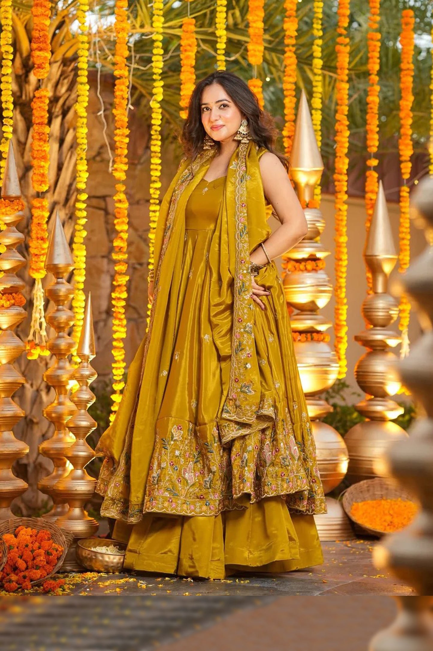 Mustard Yellow Heavy Silk Anarkali Suit Set