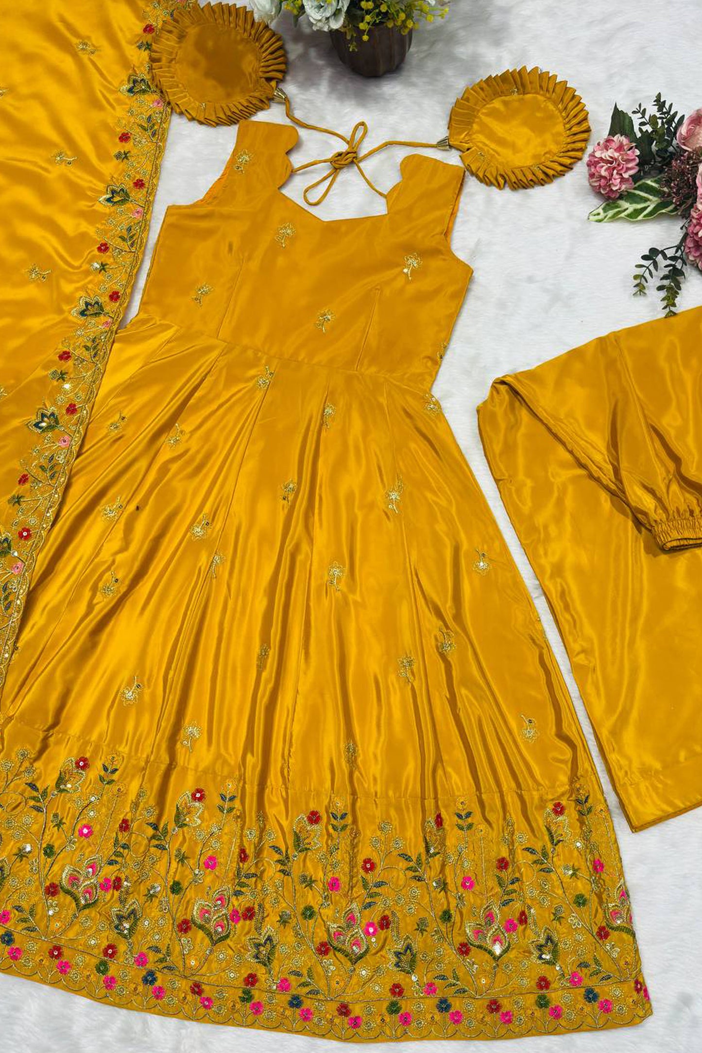 Mustard Yellow Heavy Silk Anarkali Suit Set