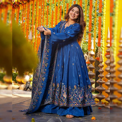 Royal Blue Heavy Silk Anarkali Suit Set