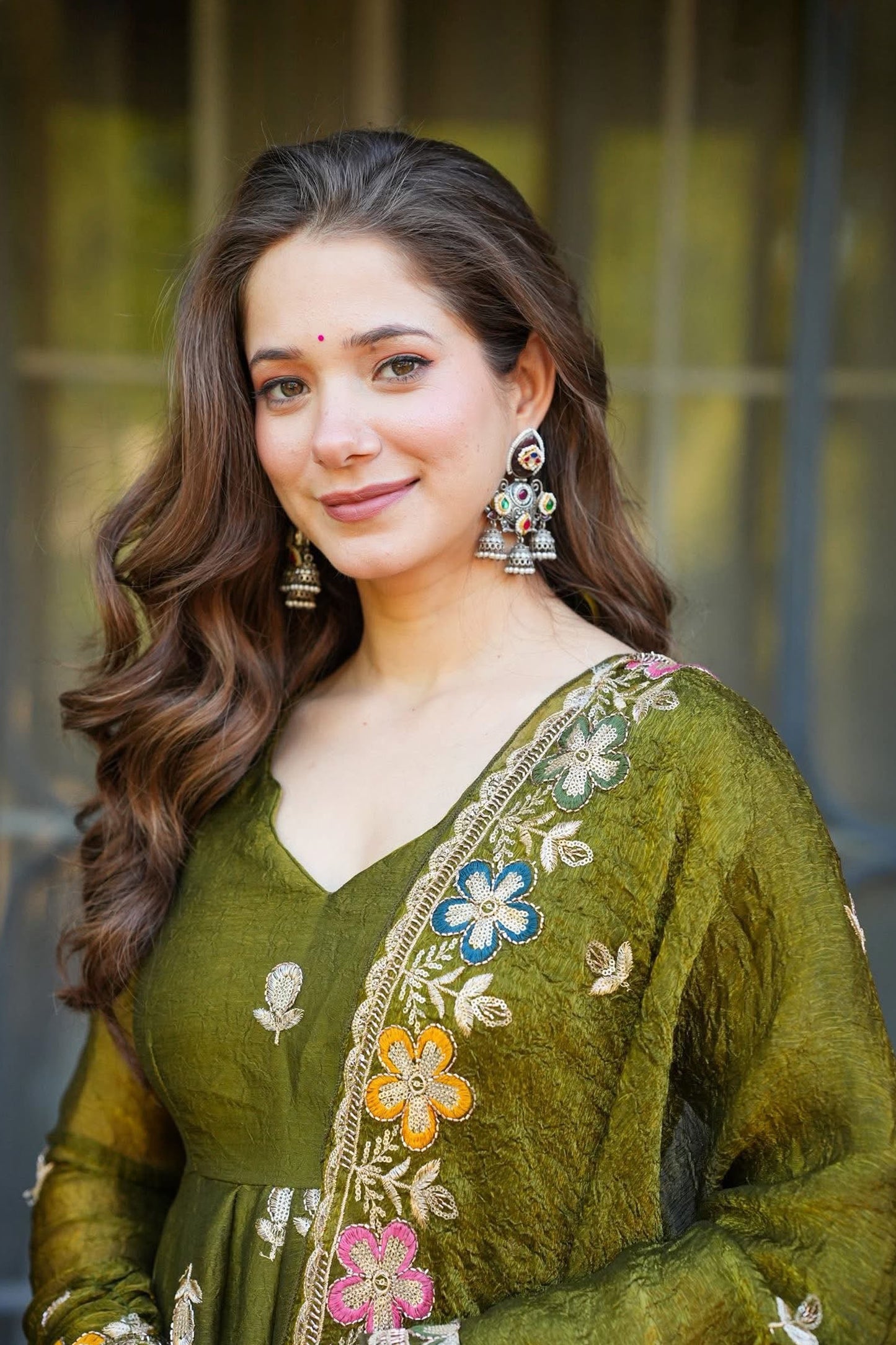 Garden of Dreams — An Olive Green Floral Anarkali Suit Set