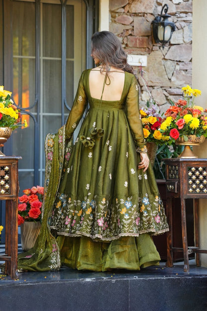 Garden of Dreams — An Olive Green Floral Anarkali Suit Set