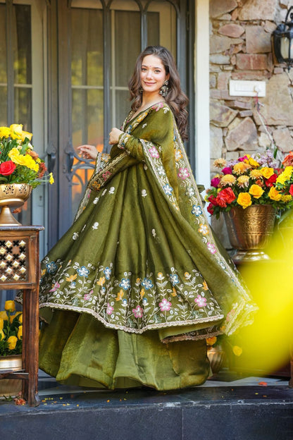 Garden of Dreams — An Olive Green Floral Anarkali Suit Set