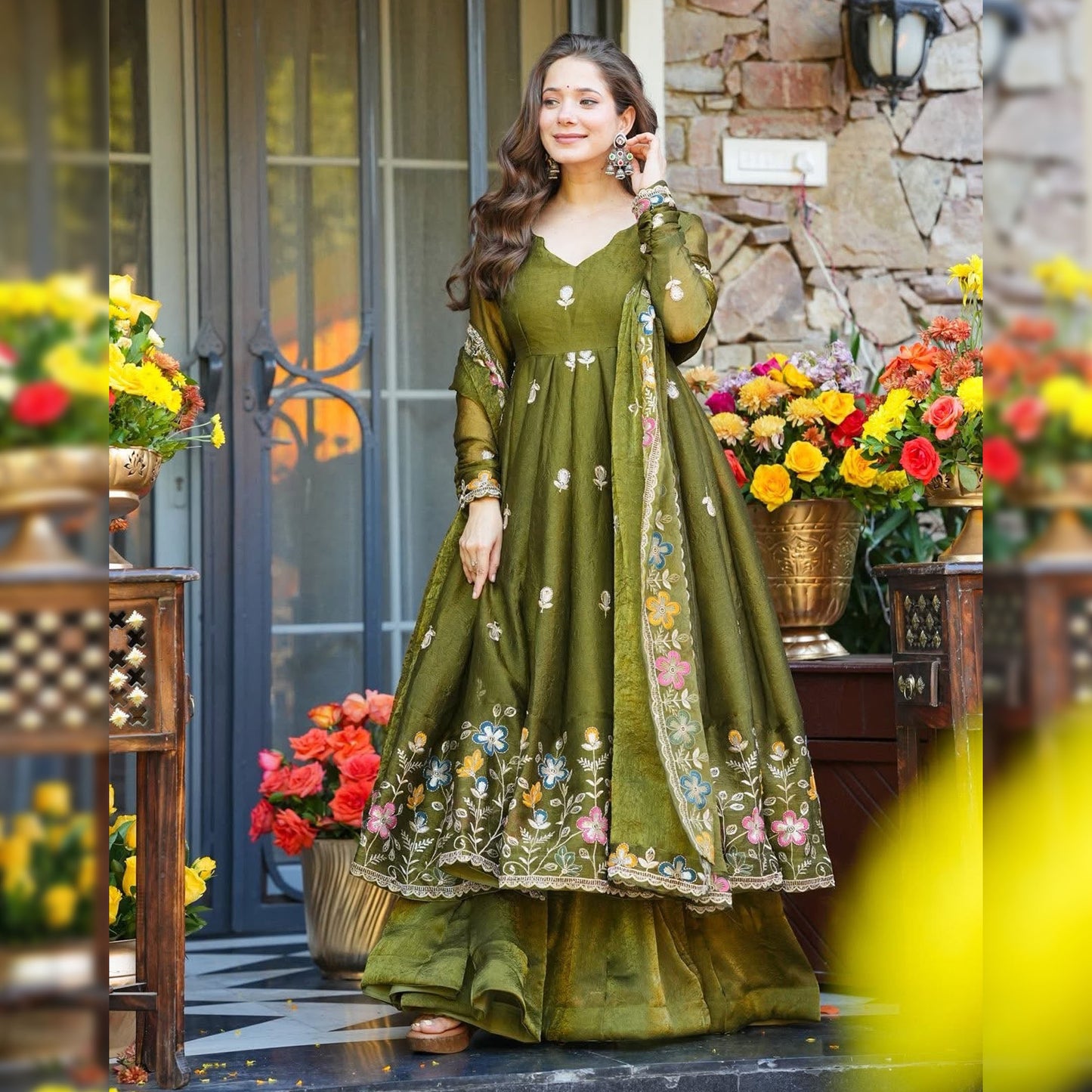Garden of Dreams — An Olive Green Floral Anarkali Suit Set