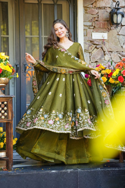 Garden of Dreams — An Olive Green Floral Anarkali Suit Set
