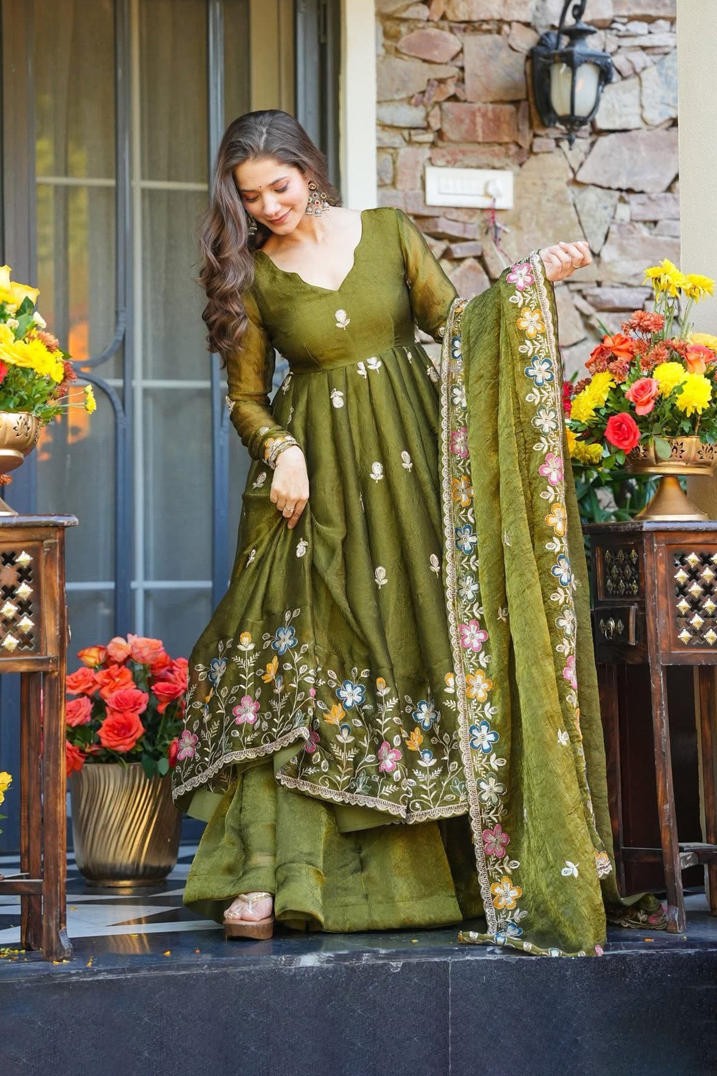 Garden of Dreams — An Olive Green Floral Anarkali Suit Set