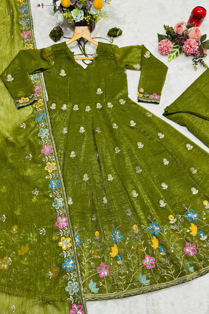 Garden of Dreams — An Olive Green Floral Anarkali Suit Set