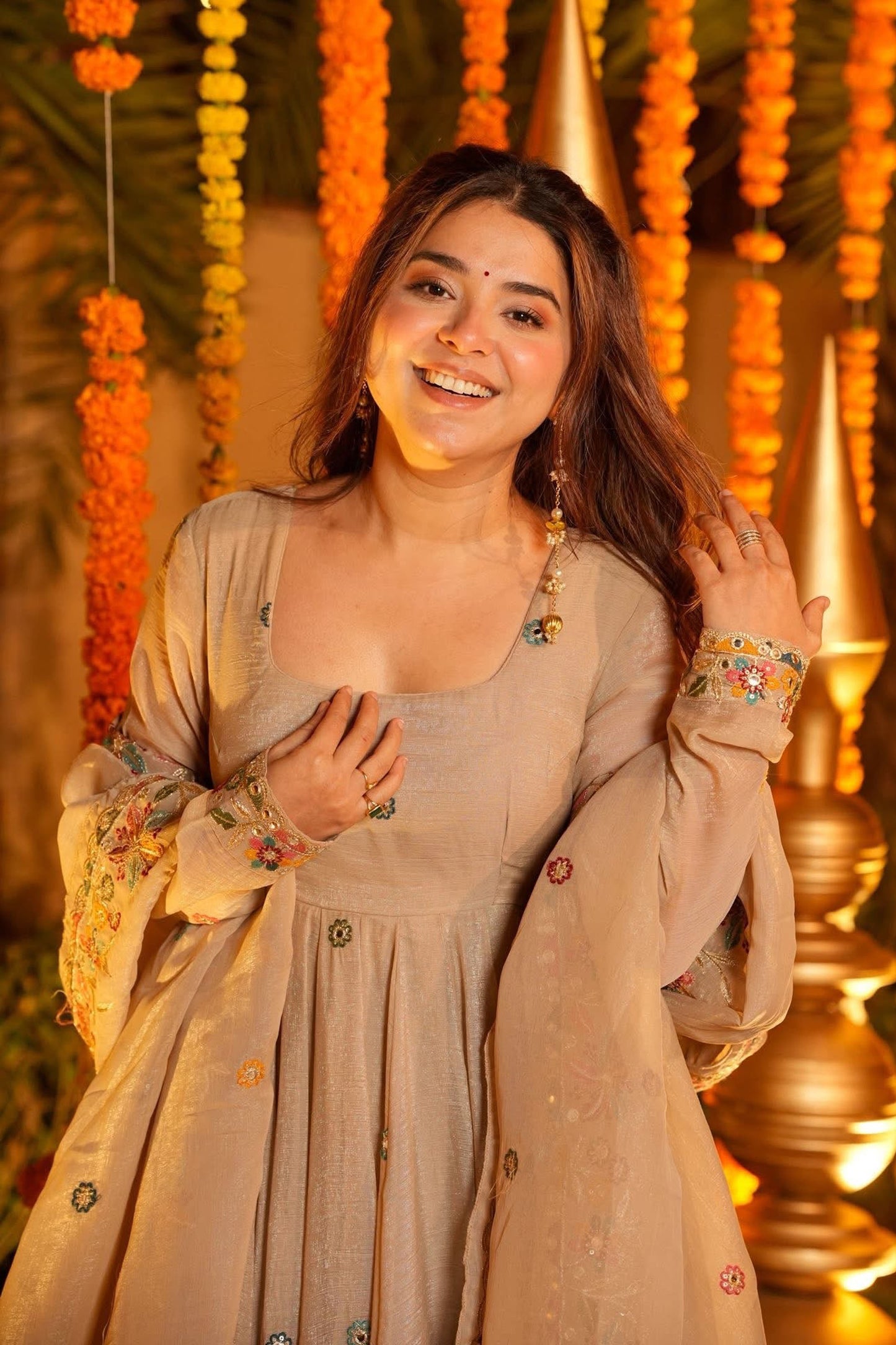 A Golden Glow of Celebration Beige Anarkali Suit