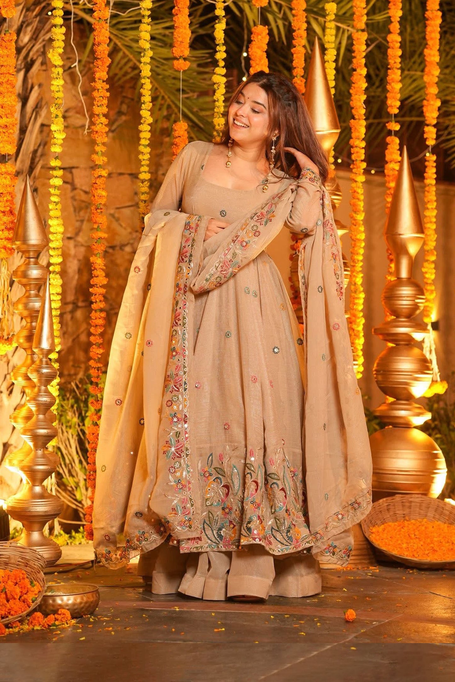 A Golden Glow of Celebration Beige Anarkali Suit
