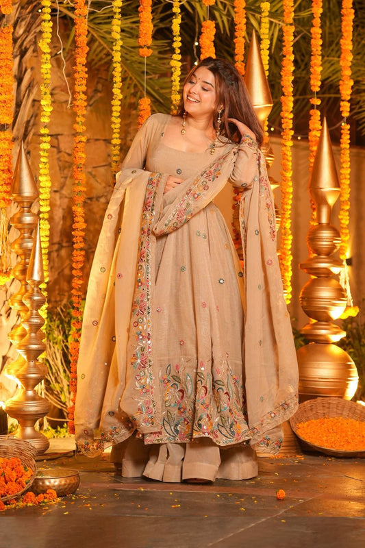 A Golden Glow of Celebration Beige Anarkali Suit