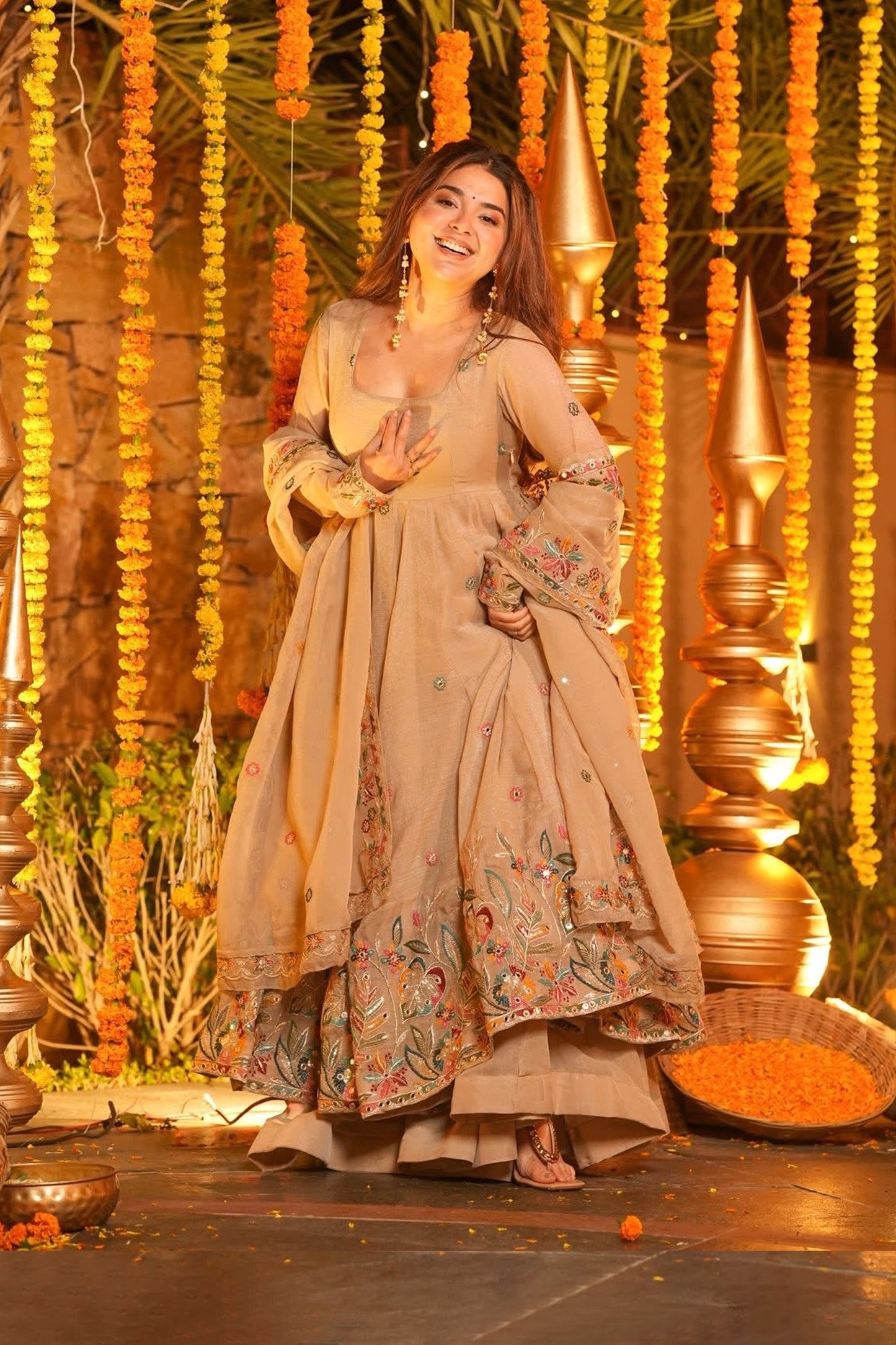A Golden Glow of Celebration Beige Anarkali Suit