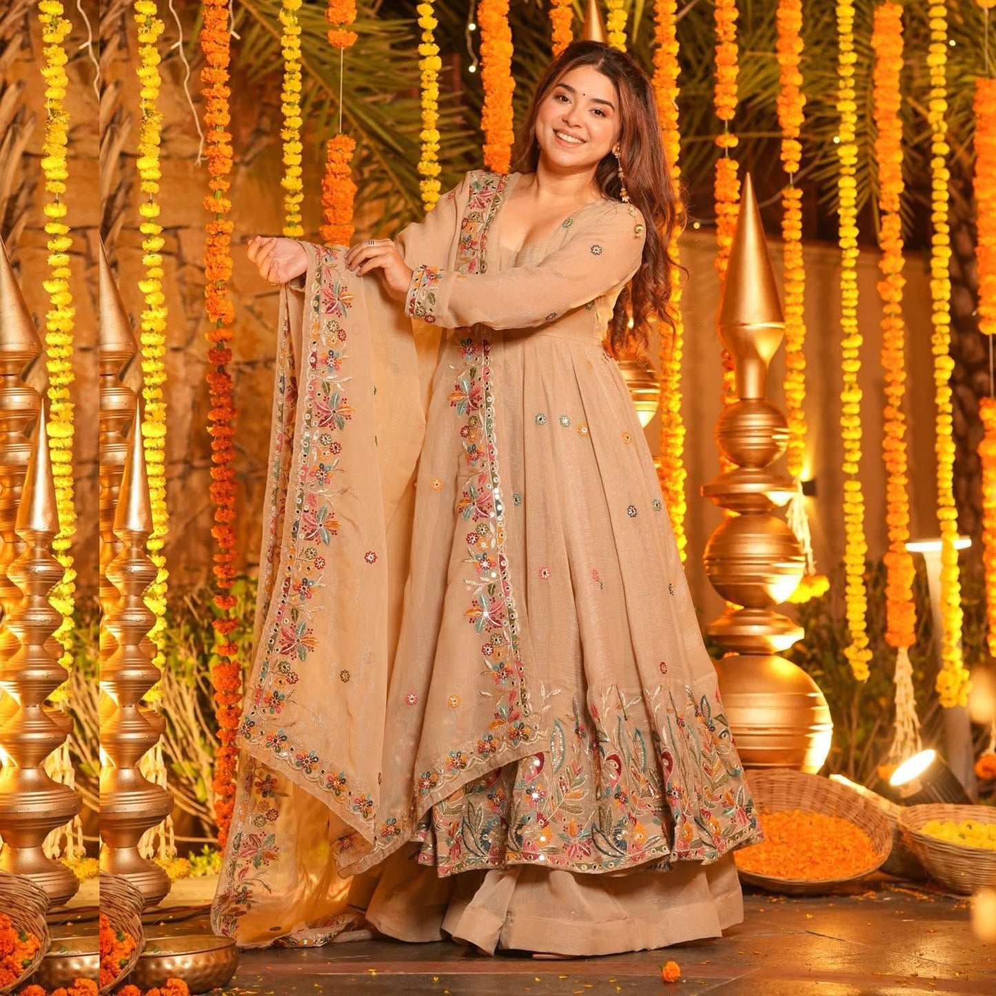 A Golden Glow of Celebration Beige Anarkali Suit