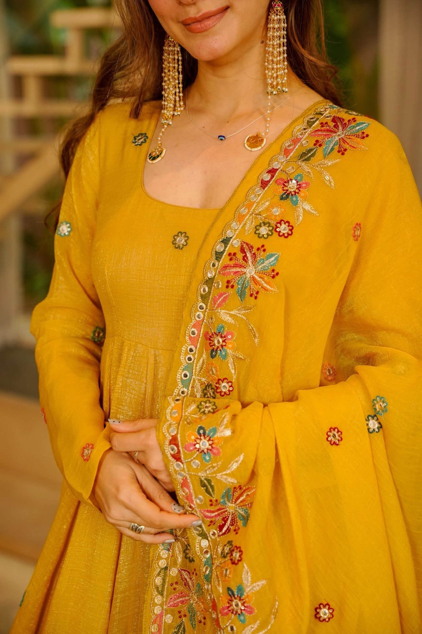 Nivriti Yellow Soft Crunchy Silk Embroidery Anarkali Suit Set