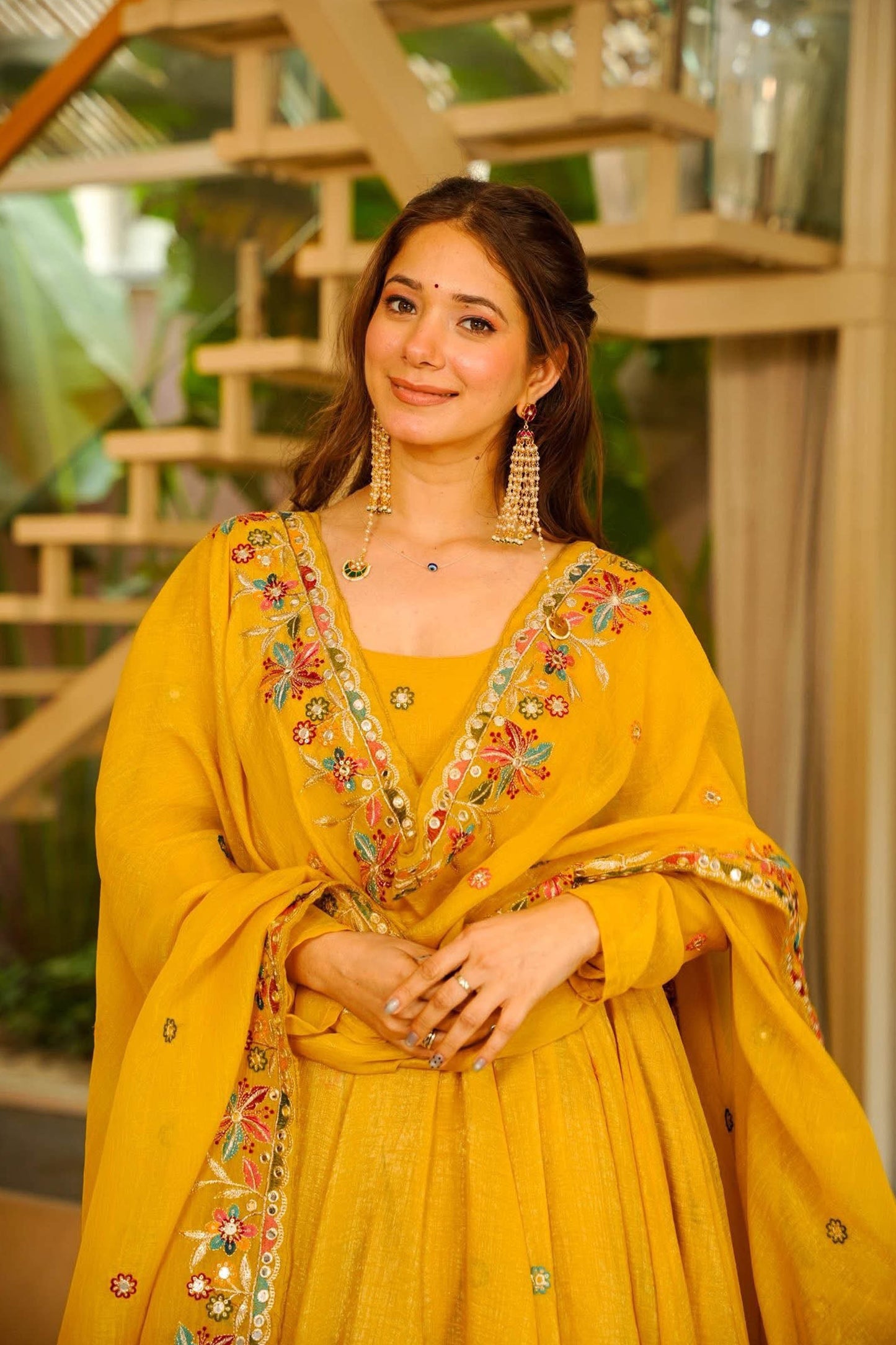 Nivriti Yellow Soft Crunchy Silk Embroidery Anarkali Suit Set