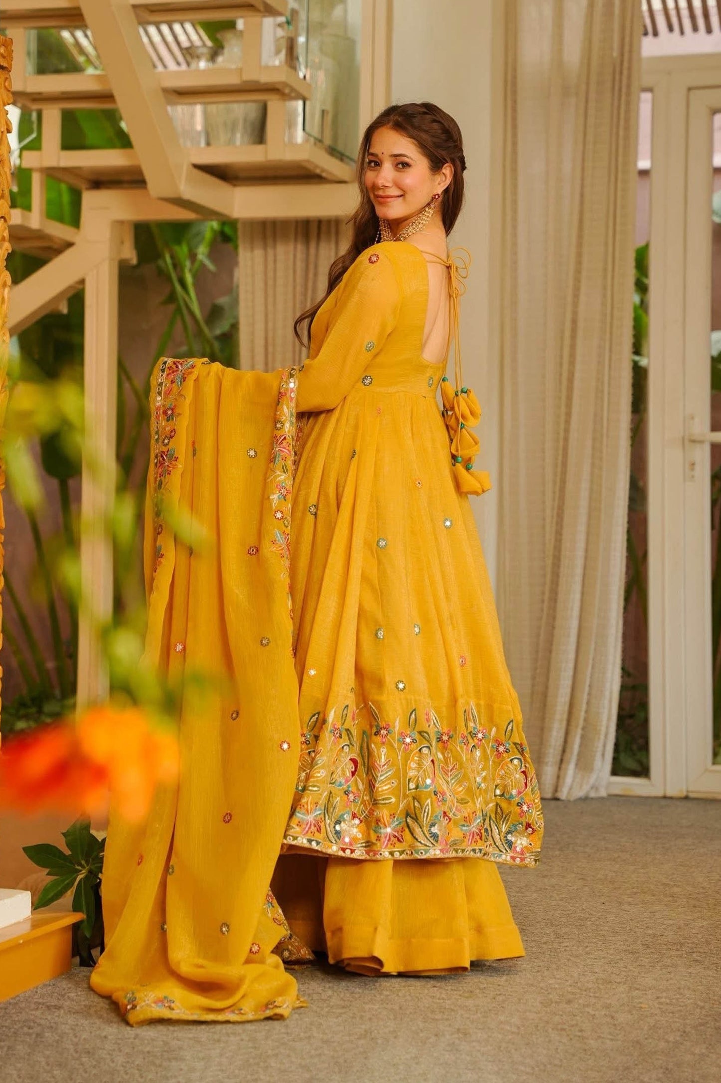 Nivriti Yellow Soft Crunchy Silk Embroidery Anarkali Suit Set