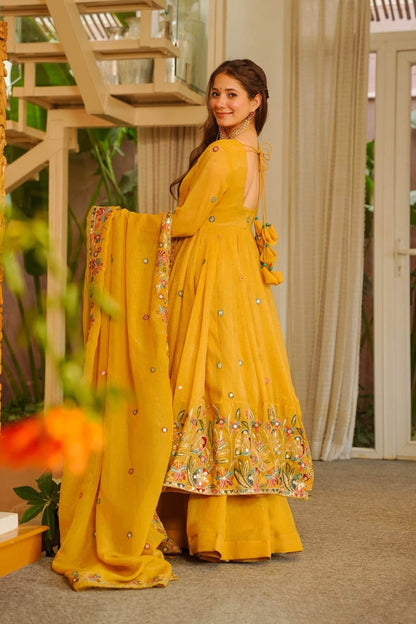 Nivriti Yellow Soft Crunchy Silk Embroidery Anarkali Suit Set