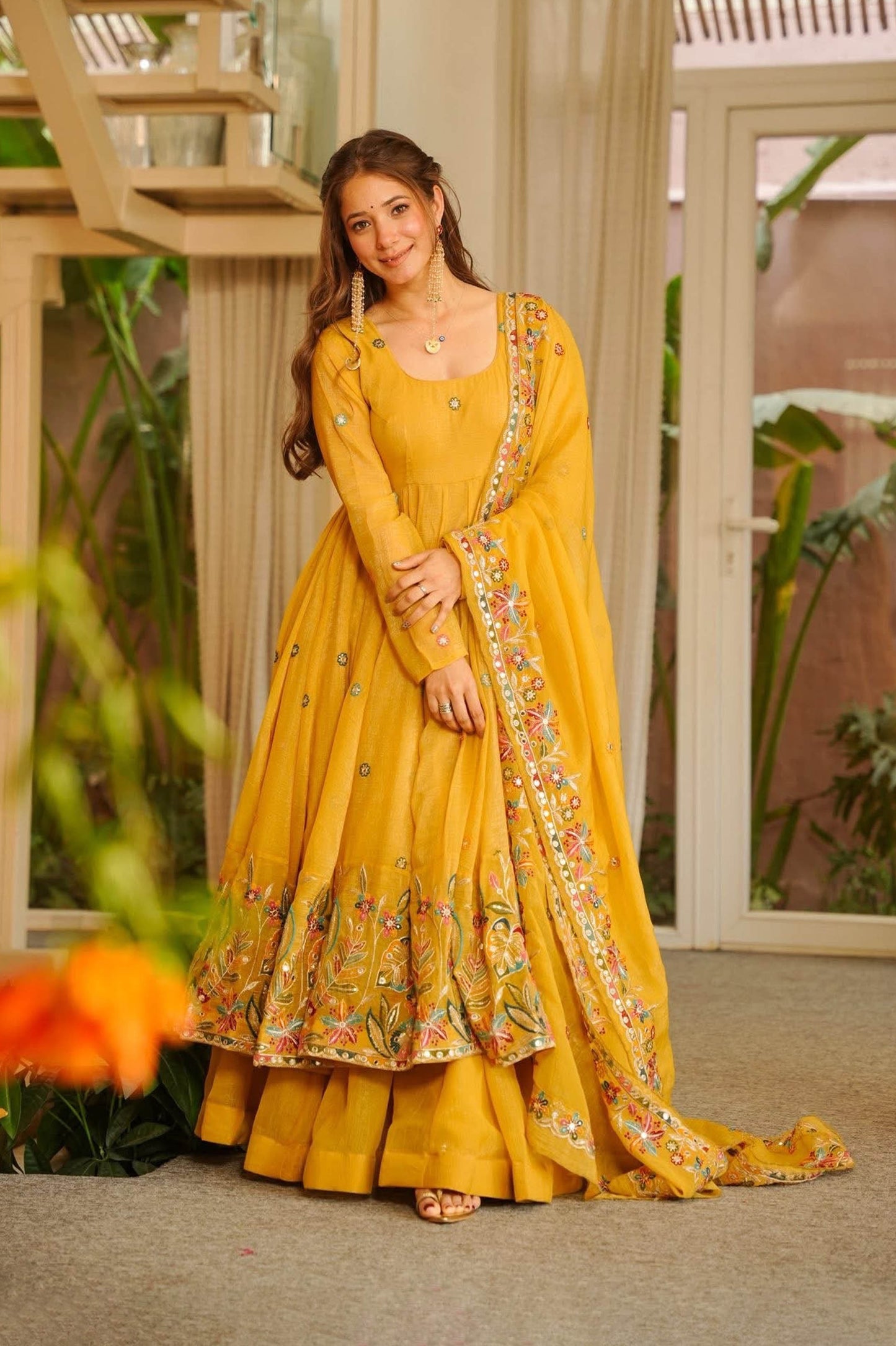 Nivriti Yellow Soft Crunchy Silk Embroidery Anarkali Suit Set
