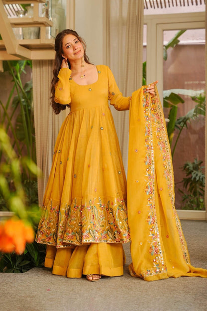 Nivriti Yellow Soft Crunchy Silk Embroidery Anarkali Suit Set