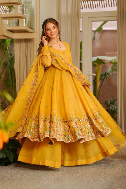 Nivriti Yellow Soft Crunchy Silk Embroidery Anarkali Suit Set