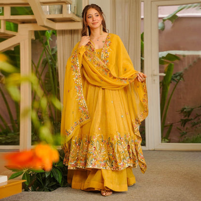 Nivriti Yellow Soft Crunchy Silk Embroidery Anarkali Suit Set