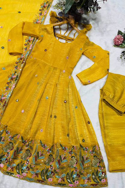 Nivriti Yellow Soft Crunchy Silk Embroidery Anarkali Suit Set