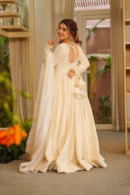 Ivory-White Chikankari Anarkali Suit Set