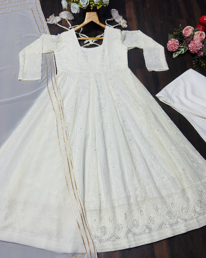 Ivory-White Chikankari Anarkali Suit Set
