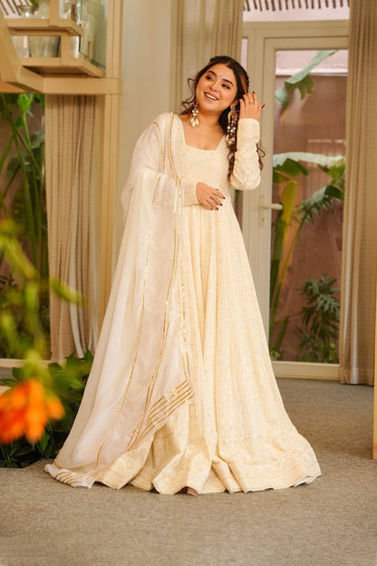 Ivory-White Chikankari Anarkali Suit Set
