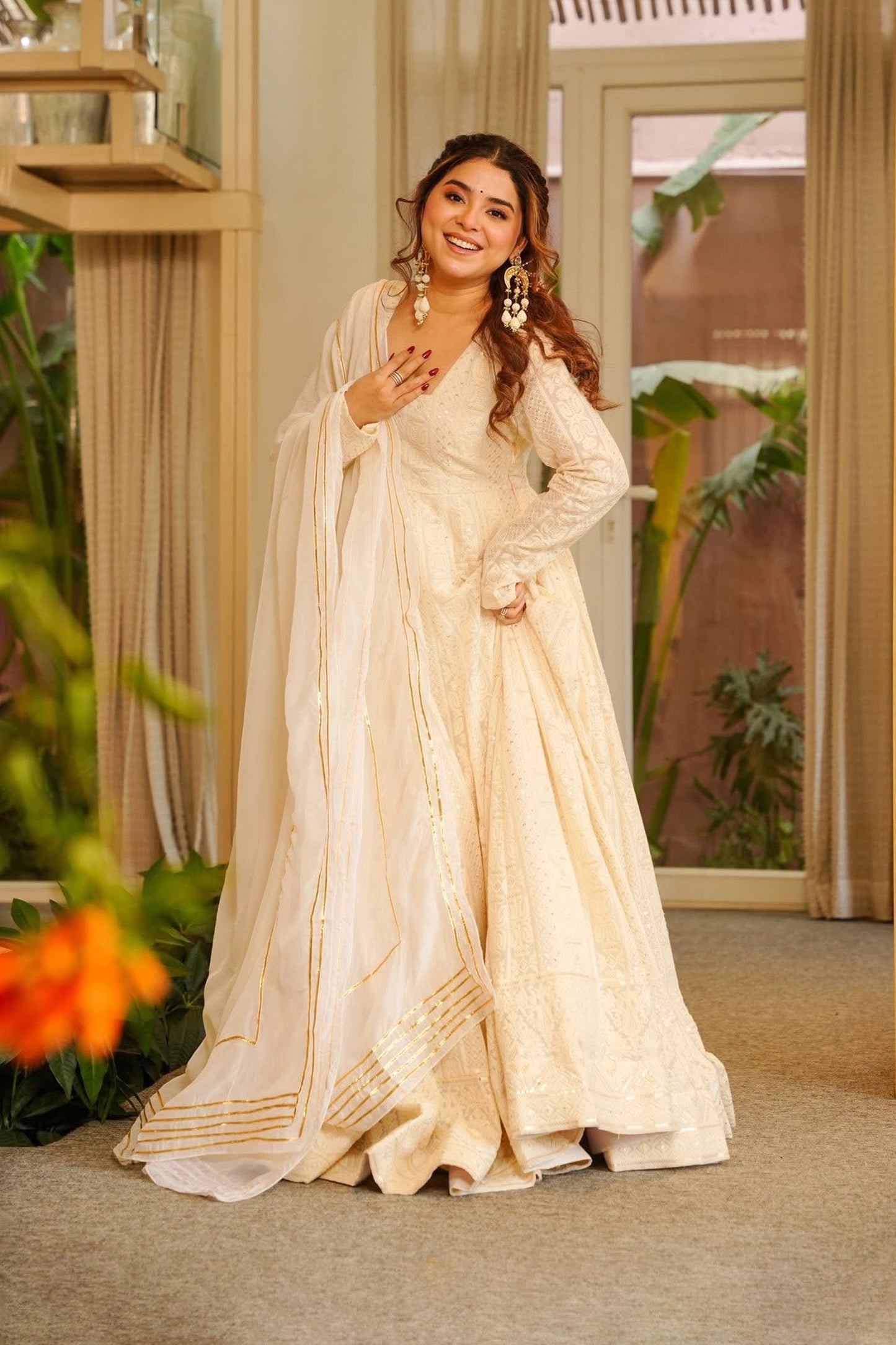 Ivory-White Chikankari Anarkali Suit Set