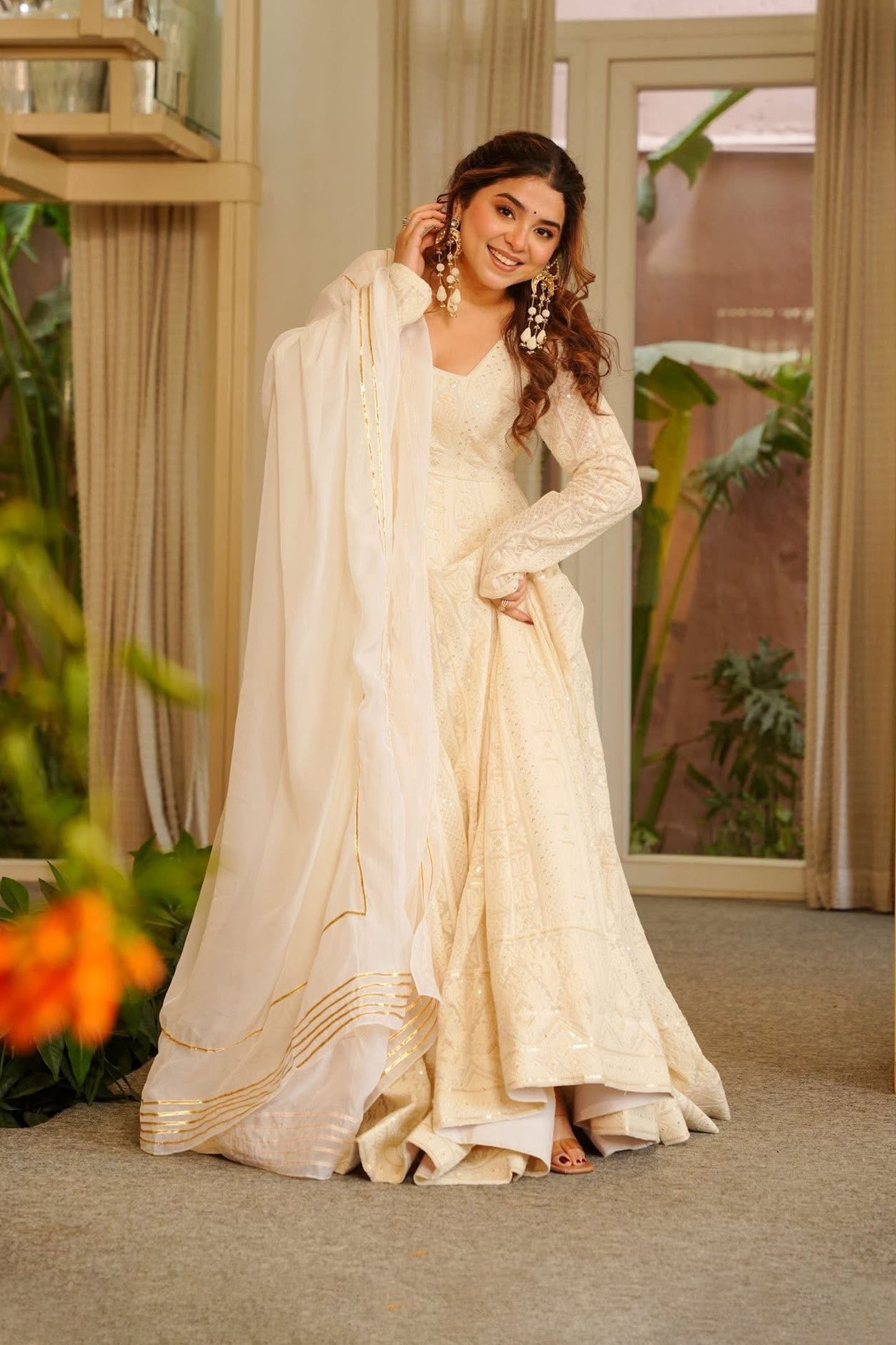 Ivory-White Chikankari Anarkali Suit Set