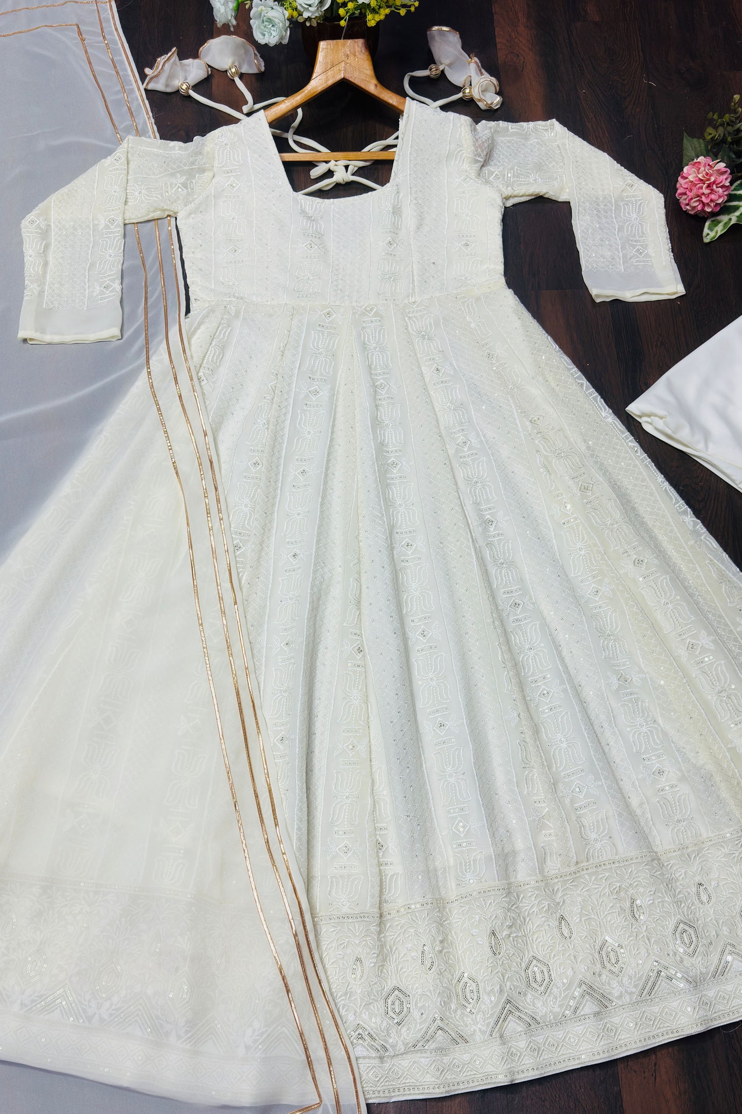 Ivory-White Chikankari Anarkali Suit Set