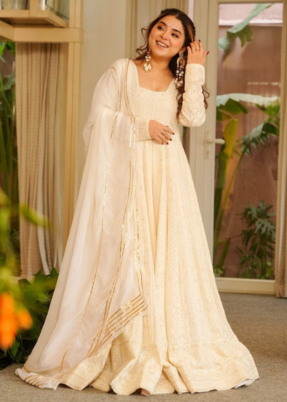 Ivory-White Chikankari Anarkali Suit Set